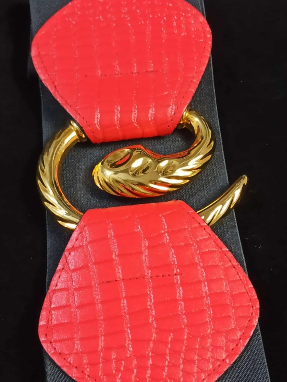 Vintage 80s GARY GAIL Red Leather Stretch Belt Gold Sculptural Buckle Statement